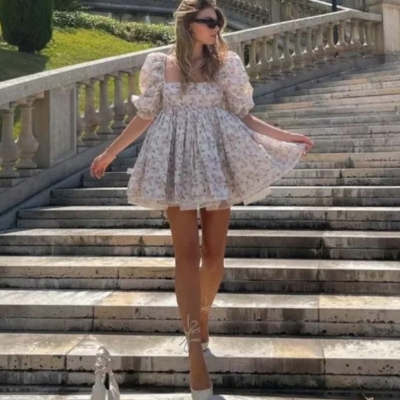 Reversible Floral Organza Babydoll Puff Dress - Picture 2 of 16